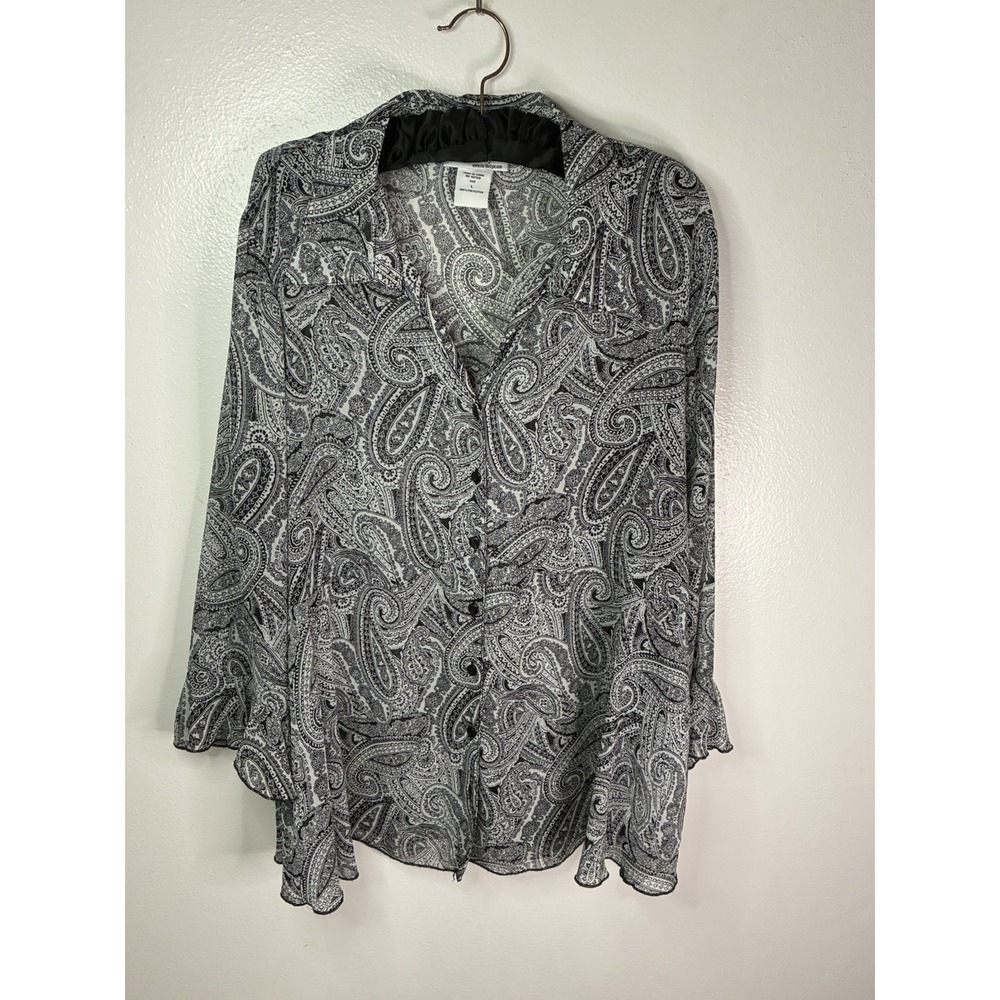 Whimsygoth Y2K Paisley Blouse Sheer Mesh Ruffle Hem Button Up Shirt L